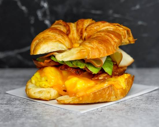 Croissant, Bacon, Turkey, Avocado, Egg, and Cheddar