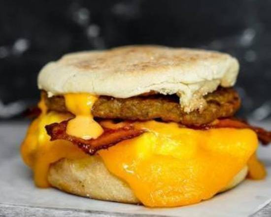 English Muffin, Bacon, Sausage, Egg, and Cheddar