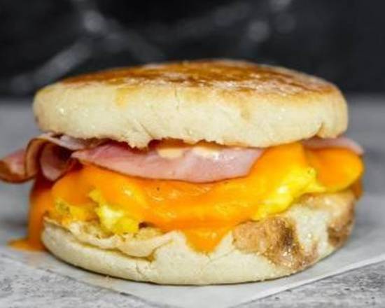 English Muffin, Ham, Egg, and Cheddar