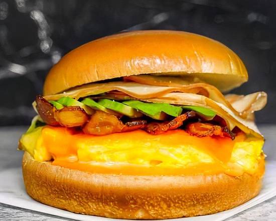 Kaiser Roll, Bacon, Turkey, Avocado, Egg, and Cheddar