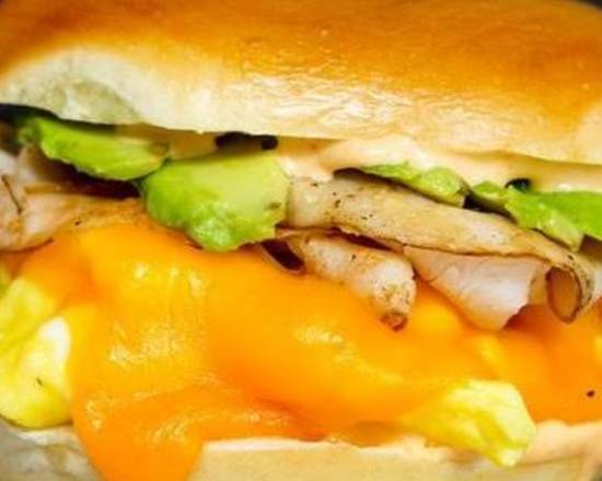 Kaiser Roll, Smoked Turkey, Avocado, Egg, and Cheddar