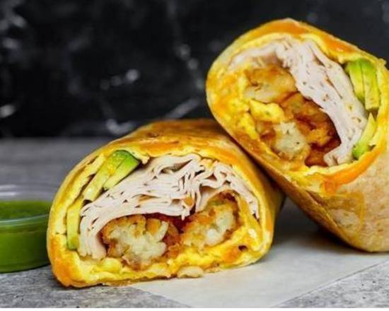 Smoked Turkey, Avocado, Egg, and Cheddar Breakfast Burrito