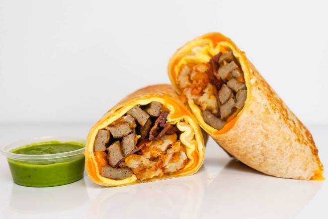 Bacon, Sausage, Egg, and Cheddar Breakfast Burrito