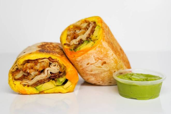 Bacon, Turkey, Avocado, Egg, and Cheddar Breakfast Burrito