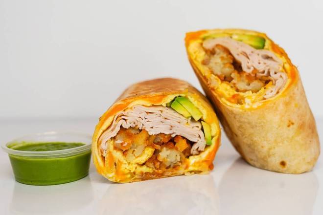 Smoked Turkey, Avocado, Egg, and Cheddar Breakfast Burrito