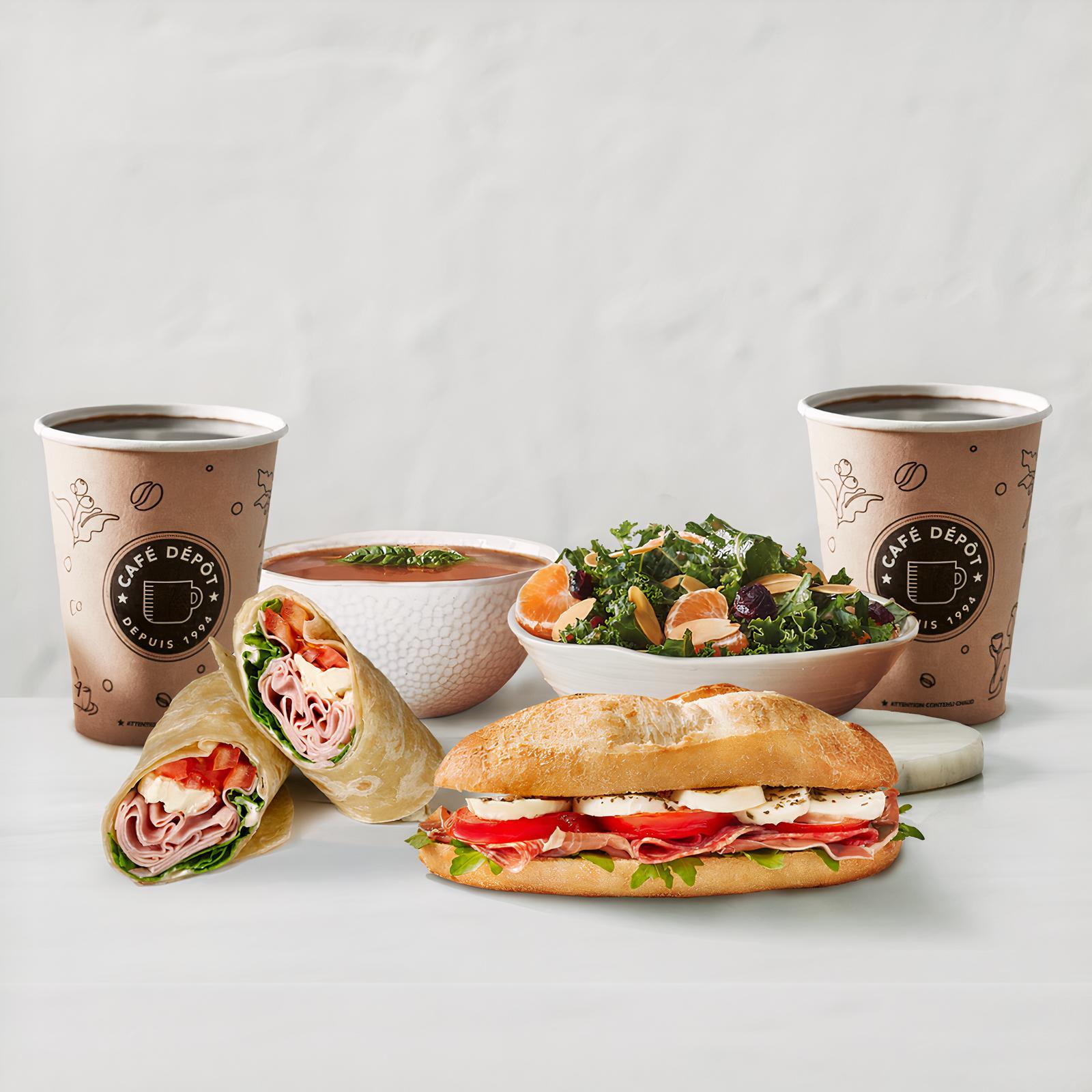 Combo 2 choix sandwichs avec 2 soupes ou salades et 2 café filtre 12 oz/Choice of 2 sandwiches, choice of 2 soups or salads and choice of 2 coffees