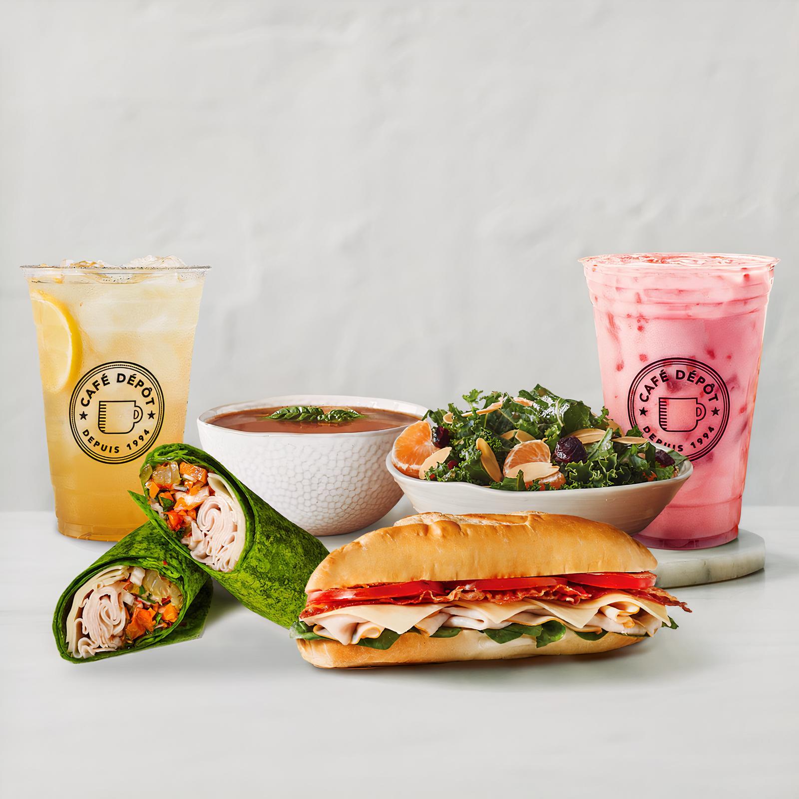 Combo 2 sandwichs, 2 soupes ou salades et 2 thés glacés/Combo with 2 sandwichs, 2 soups or salads and 2 iced teas