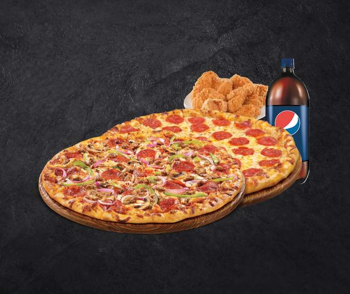 14" Two Large Specialty Pizzas + 12 Chicken Wings + 2L Pop