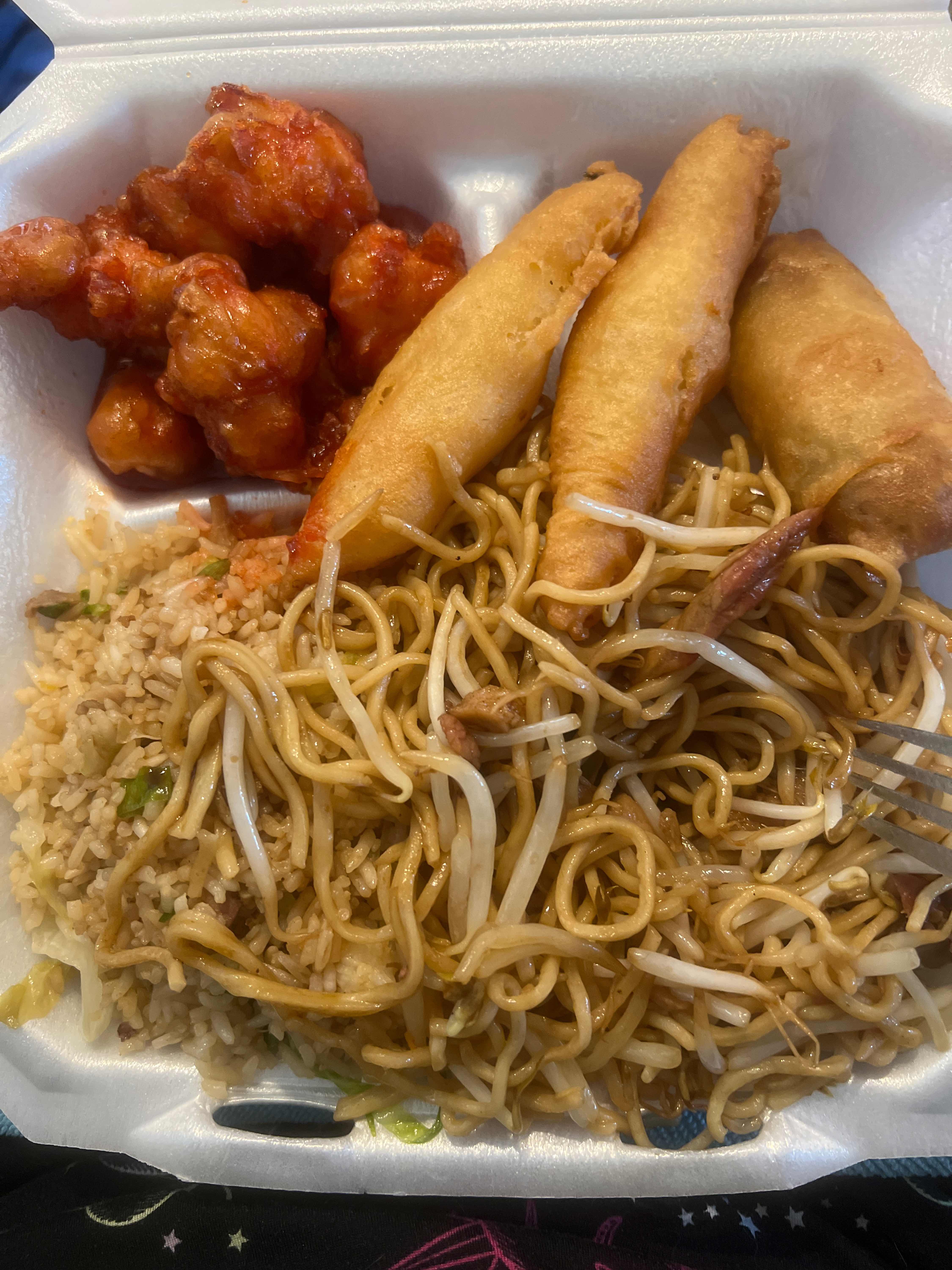 (C). Soup, Fried Shrimp, Egg Roll, Sweet and Sour Chicken, Pork Chow Mein, Pork Fried Rice