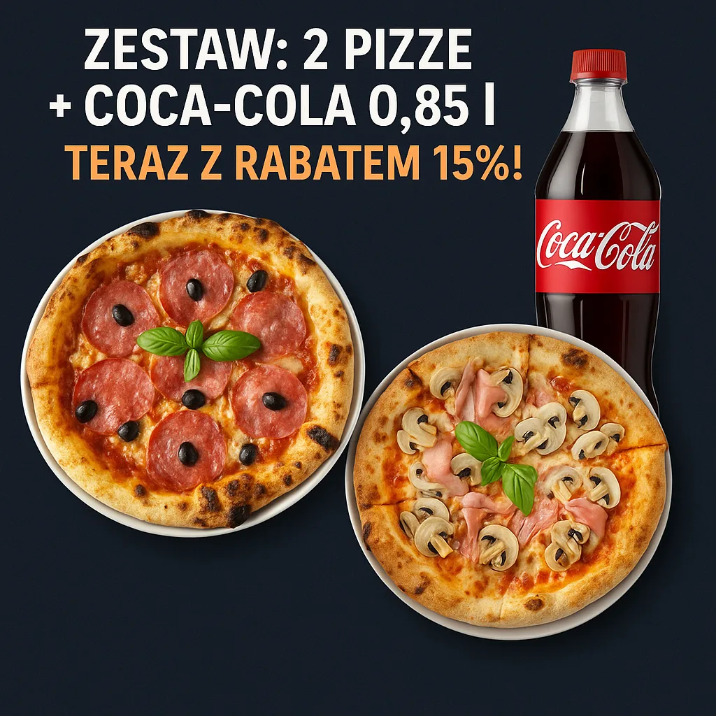 Zestaw: 2 pizze + Coca-Cola 0,85 l – teraz z rabatem 15%! 🧨🍕🥤