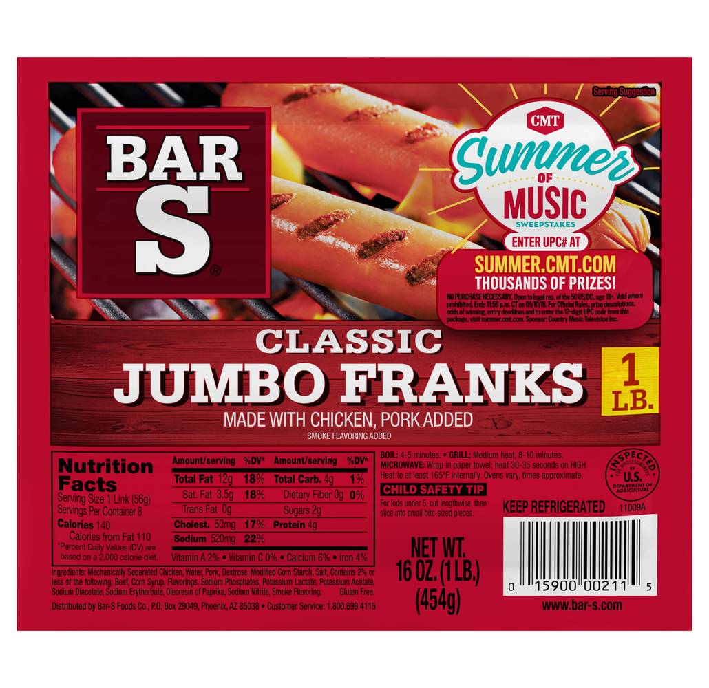 Bar-S Classic Jumbo Franks Hot Dogs, Smoke (16 oz, 8 ct)