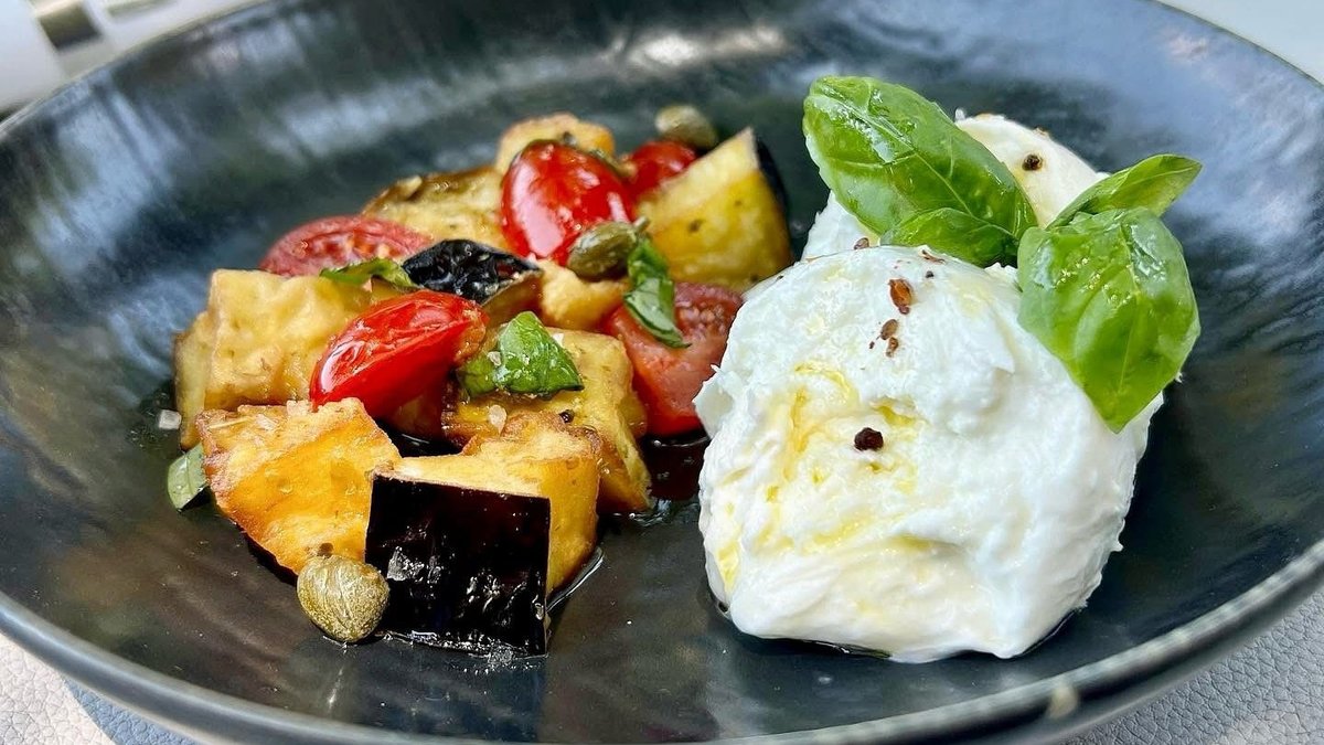 Mozzarella Di Bufala With Aubergines, Cherry Tomatoes And Capers