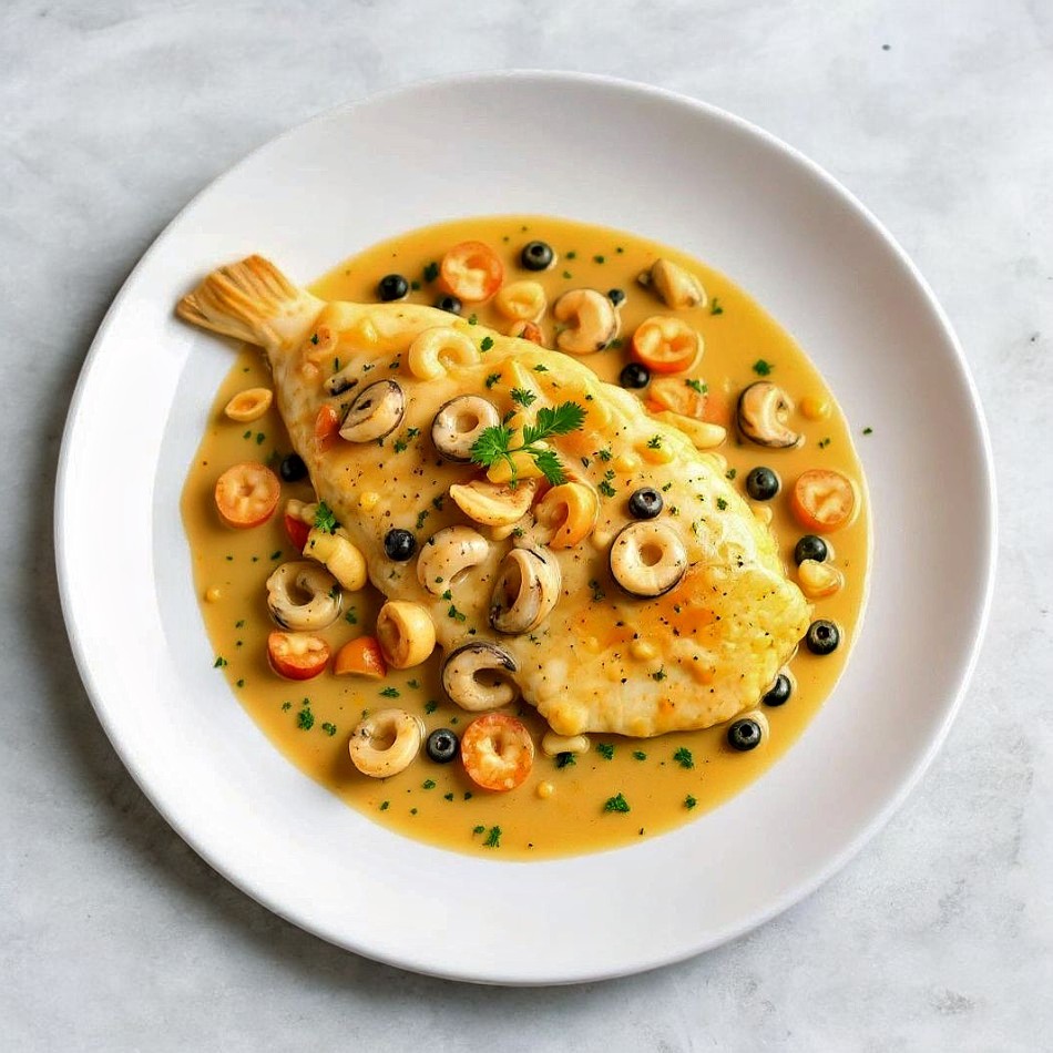 Corvina al vapor en salsa de mariscos