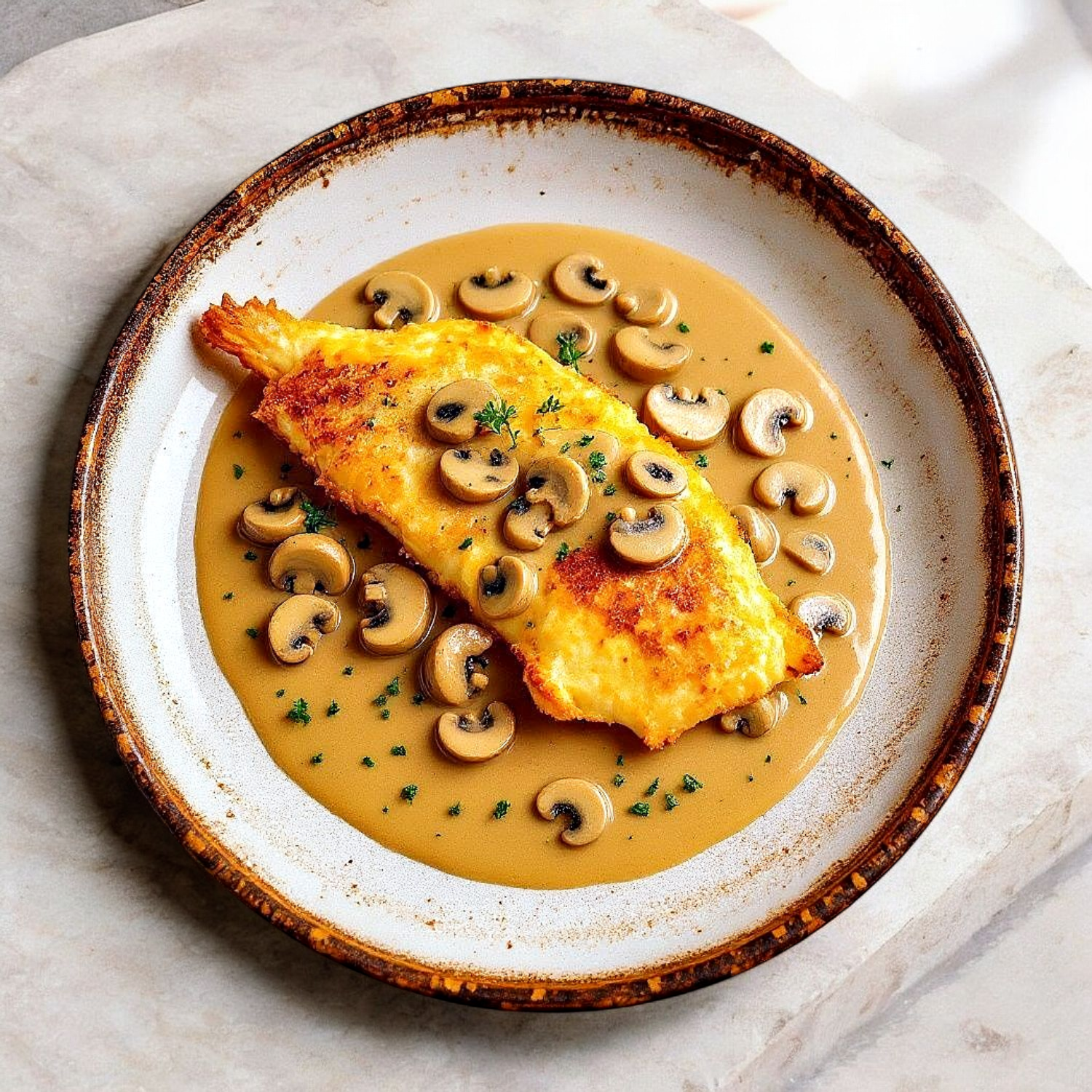 De Corvina En Salsa De Champinones