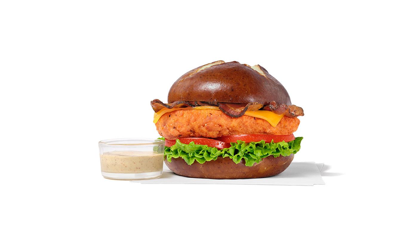 Pretzel Cheddar Club Sandwich w/ Spicy Filet