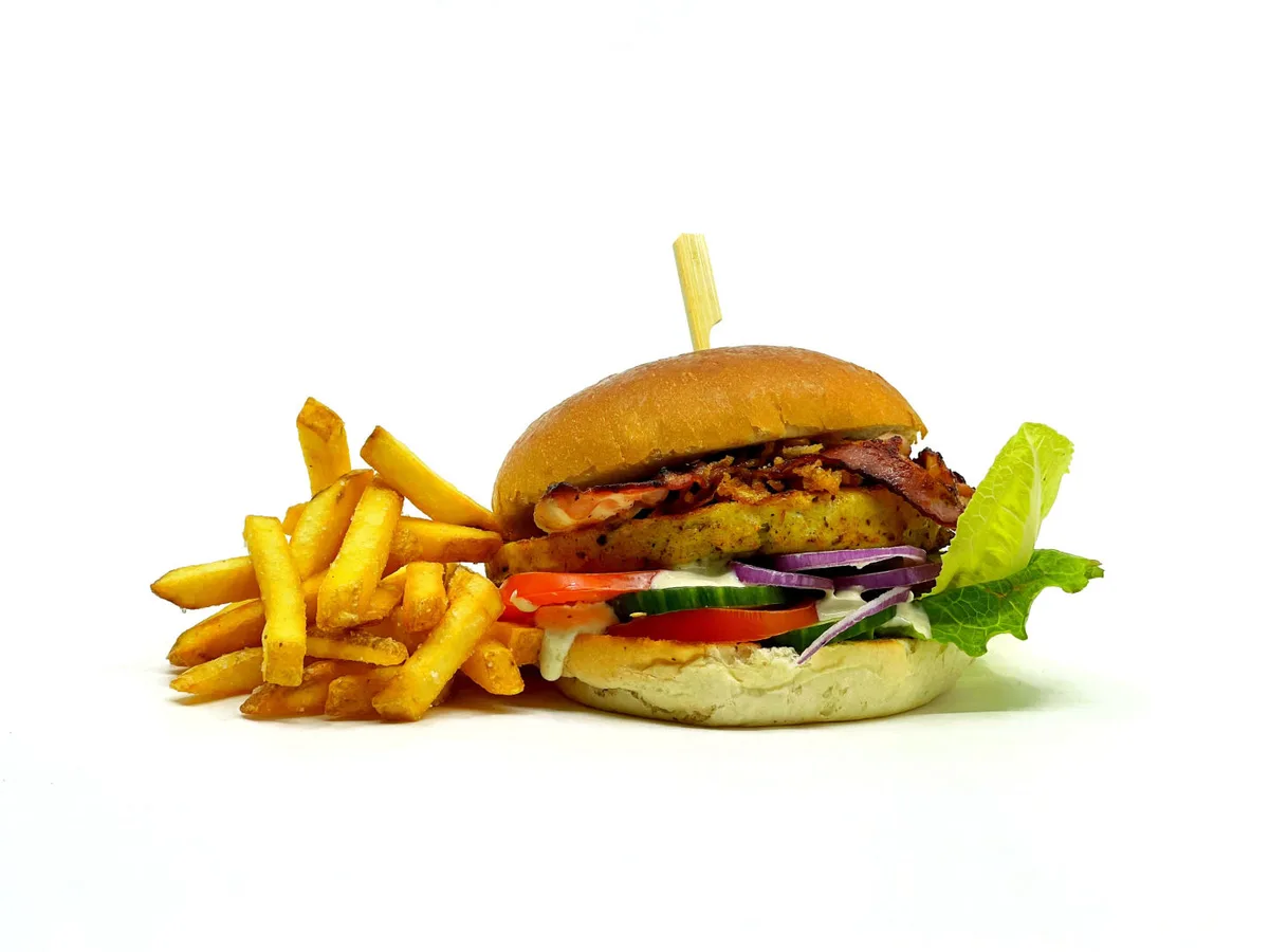 Chicken burger with bacon and French fries