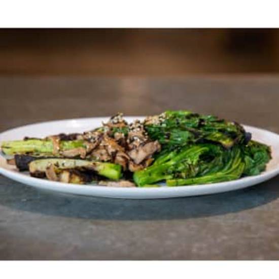 Charred Chinese Broccoli, Oyster Mushroom,  Roasted Sesame Seeds (vg, gf)