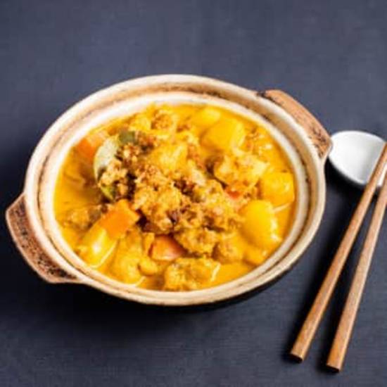 Singapore Nonya Style Spicy Chicken Curry with Crispy Brussel Sprouts (gf)