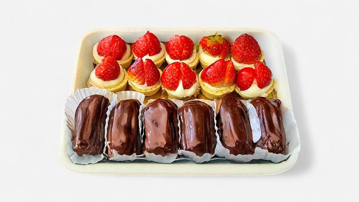 Pachet mini eclere ciocolata + tarte cu fructe + amandine