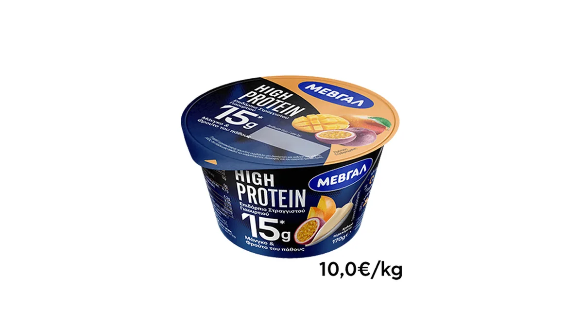 ΜΕΒΓΑΛ High Protein επιδόρπιο στραγγιστού γιαουρτιού μάνγκο και φρούτο του πάθους 170γρ