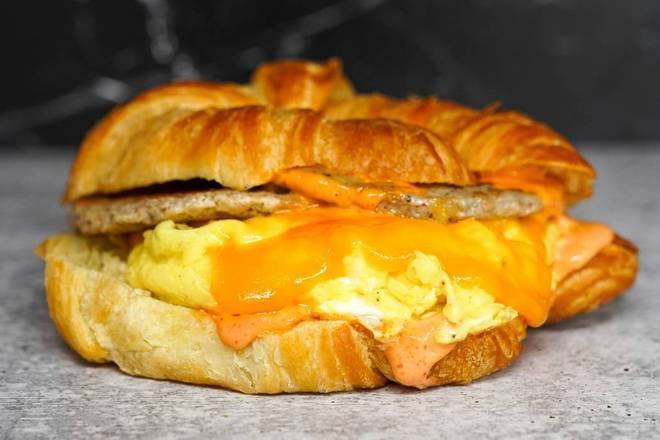 Croissant, Sausage, Egg, and Cheddar