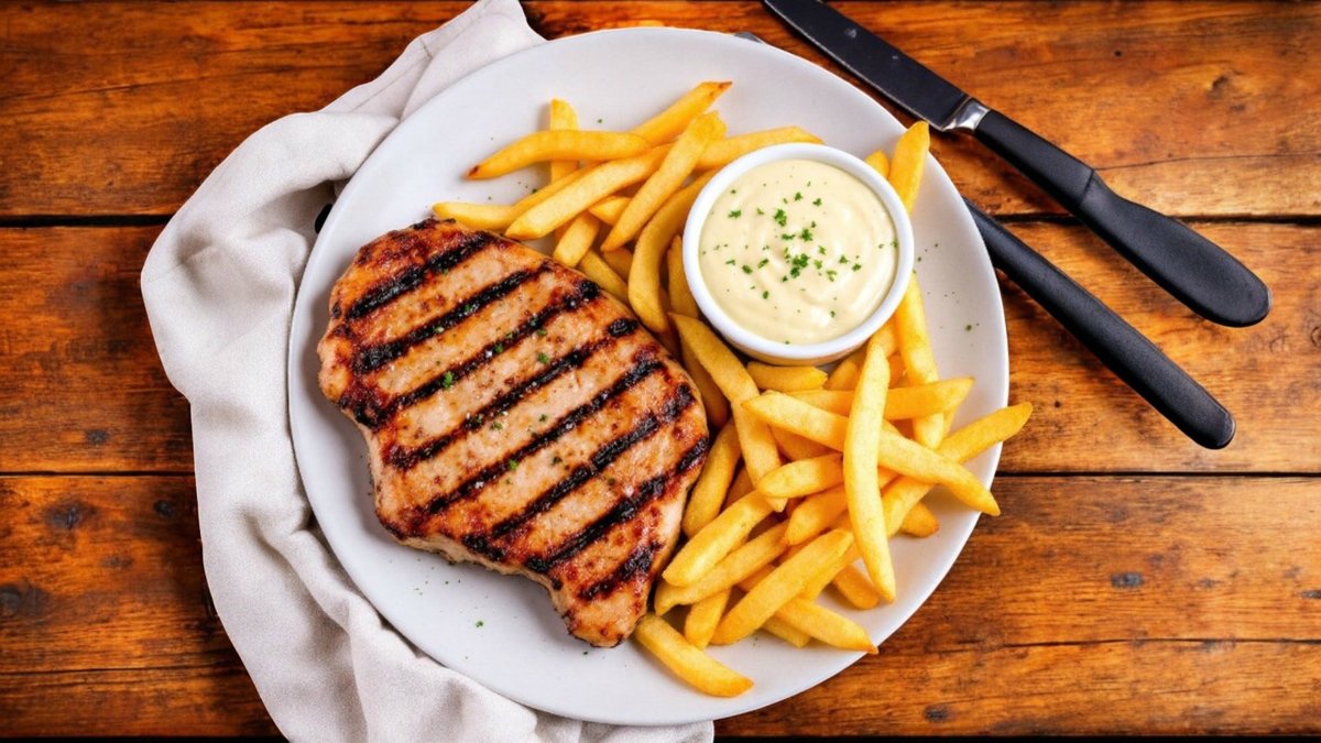 Cotlet de porc la grătar cu cartofi prăjiți și mujdei de usturoi