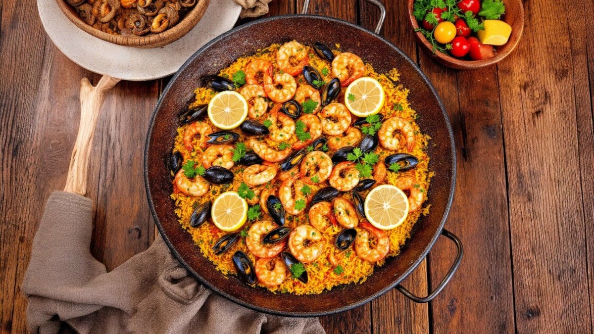 Paella cu fructe de mare si piept de pui