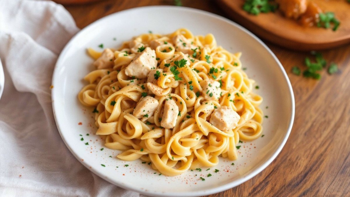 Penne cu piept de pui, sos alb si malai