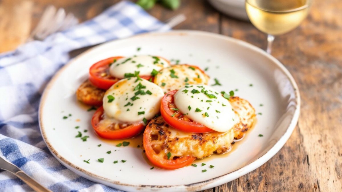 Piept de pui cu rosii si mozzarella si cartofi aurii
