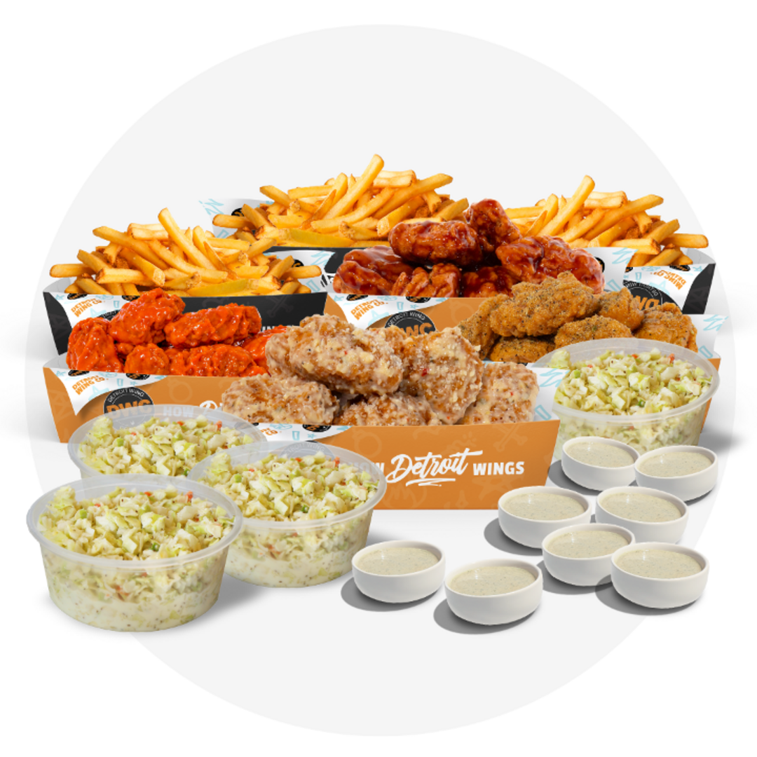 100 Boneless, 4 Large Sides, 4 Coleslaws, 8 Dips