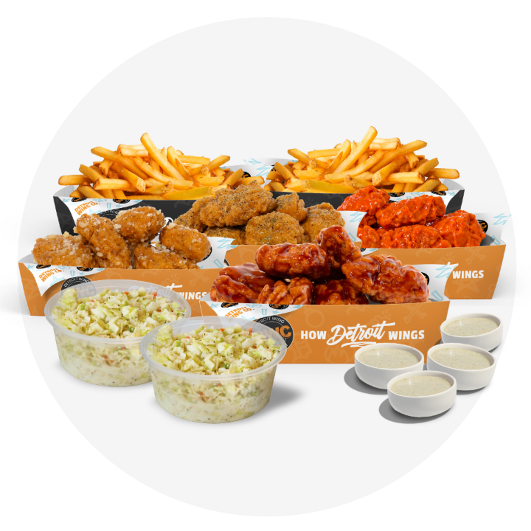 50 Boneless, 2 Large Sides, 2 Coleslaws, 4 Dips