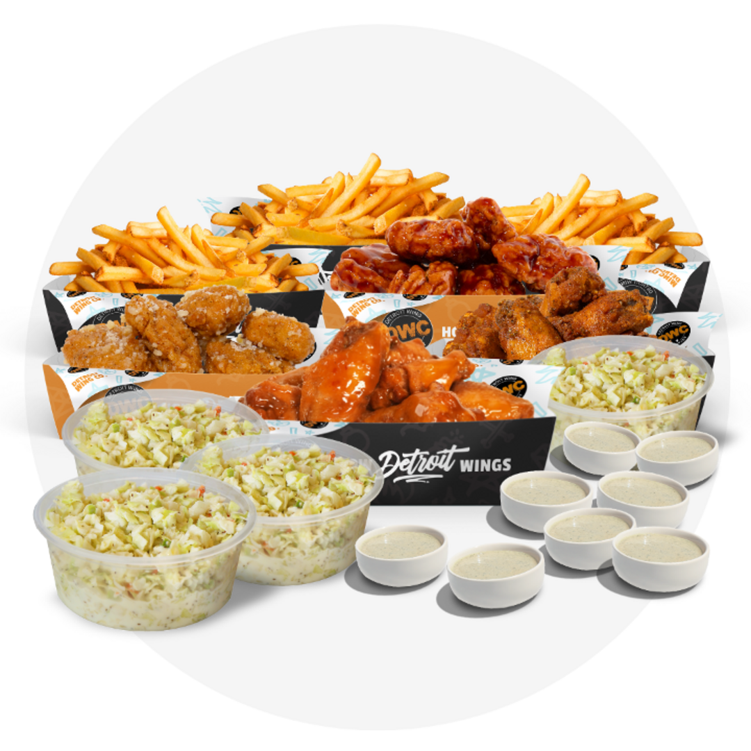 50/50 Split, 4 Large Sides, 4 Coleslaws, 8 Dips