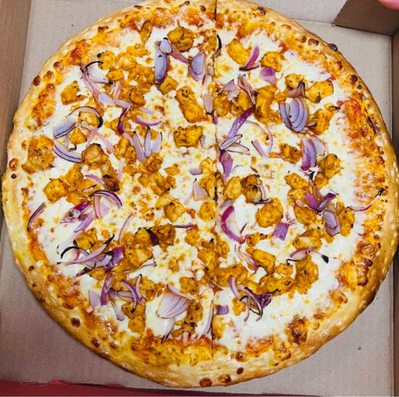 Medium three topping butter chicken pizza