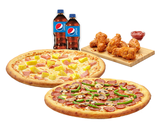 2 Large Pizzas, 10 Chicken Wings, 591ML Pepsi