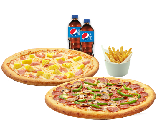 2 Large Pizzas, Large Fries, 591ml Pepsi