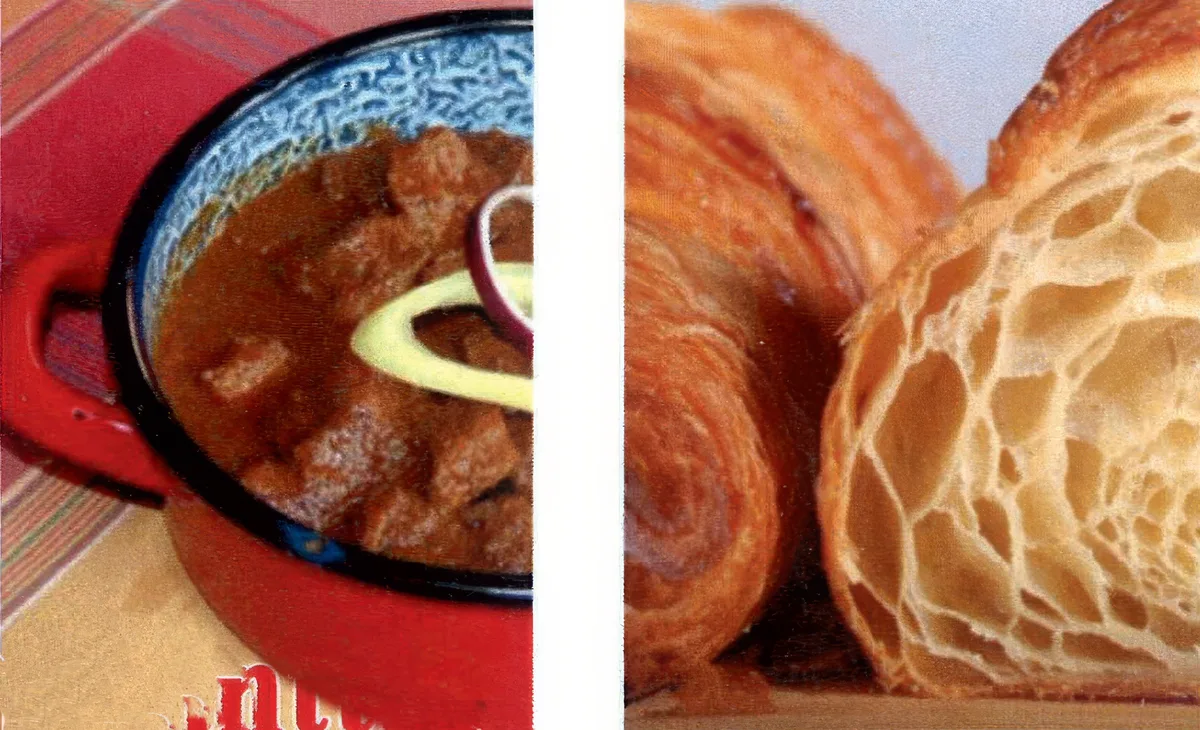 Marhapörkölt friss croissant-tal