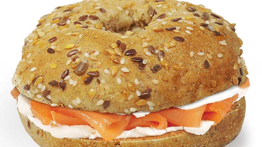 Bagel with salmon and iced medium latte