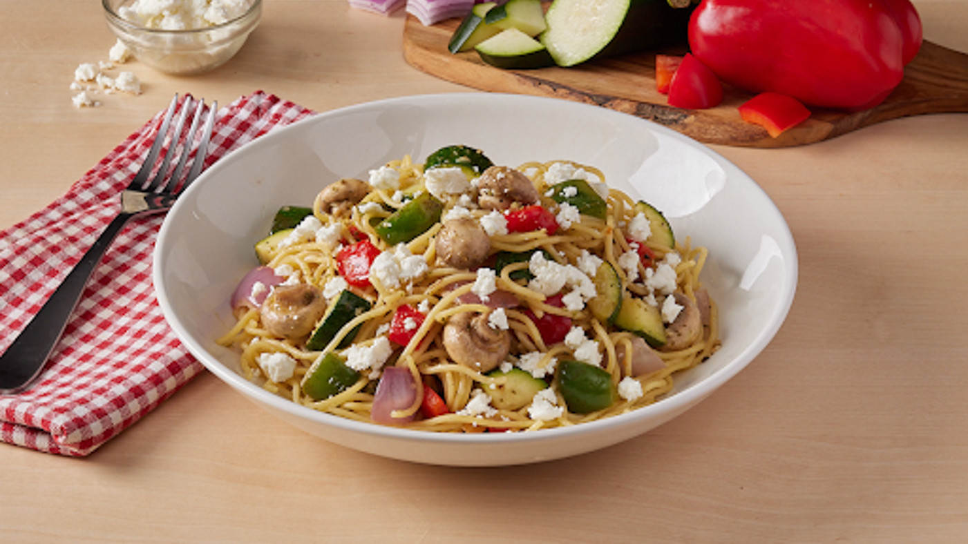 Spaghetti Primavera with Goat Cheese
