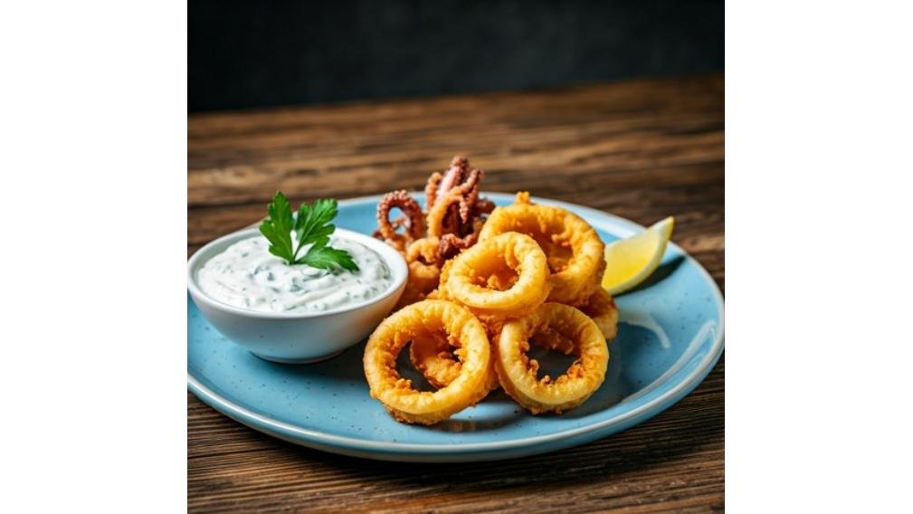 Calamari inele pane cu sos tzatziki