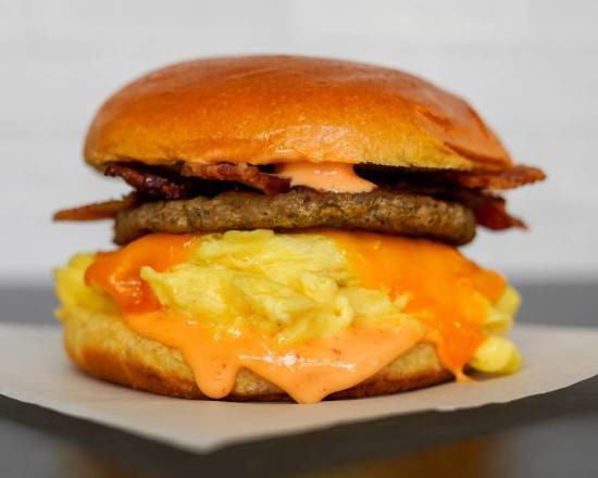Brioche, Bacon, Sausage, Egg, and Cheddar