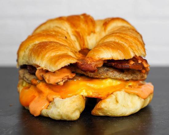 Croissant, Bacon, Sausage, Egg ,and Cheddar