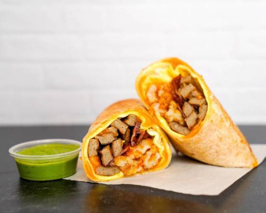 Bacon, Sausage, Egg, and Cheddar Breakfast Burrito