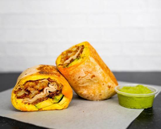 Bacon, Turkey, Avocado, Egg, and Cheddar Breakfast Burrito