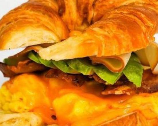 Croissant, Turkey Bacon, Turkey, Avocado, Egg, and Cheddar
