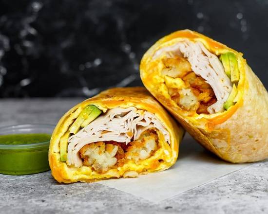 Smoked Turkey, Avocado, Egg, and Cheddar Breakfast Burrito