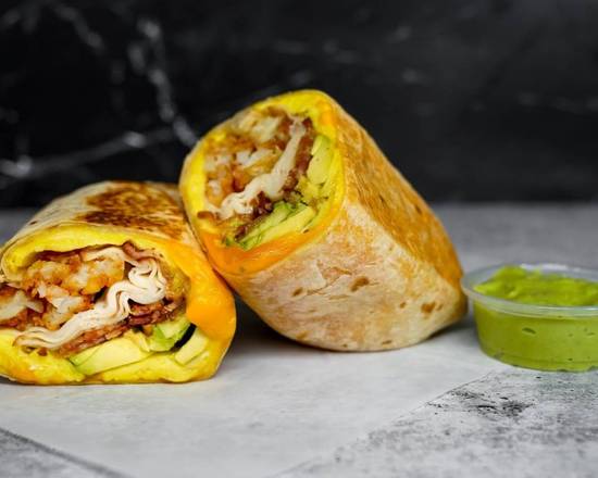 Turkey Bacon, Turkey, Avocado, Egg, and Cheddar Breakfast Burrito