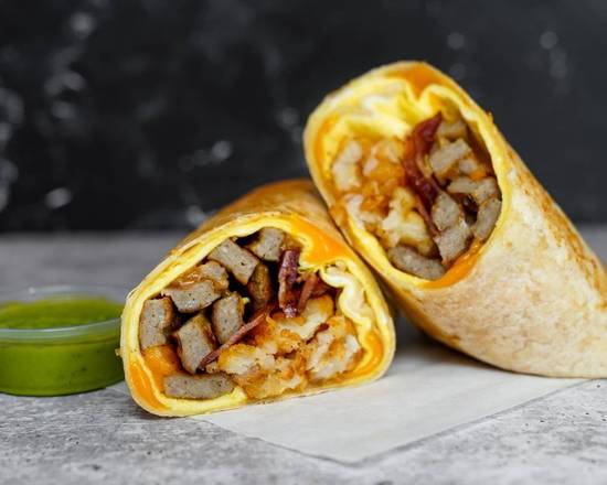 Turkey Bacon, Turkey Sausage, Egg, and Cheddar Breakfast Burrito