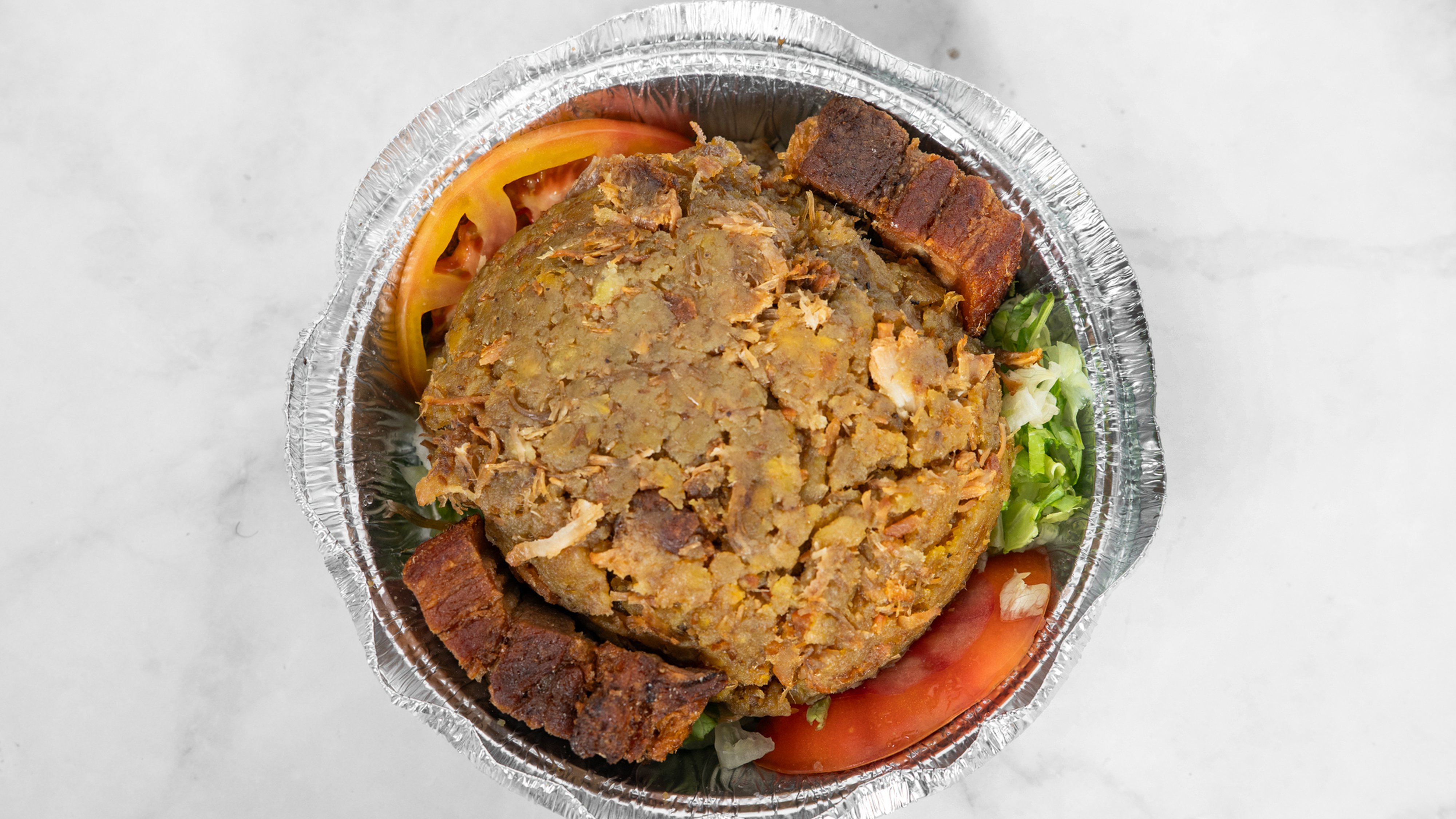 Mofongo de Chicharrón de Cerdo / Mashed Green Plantain with Fried Pork