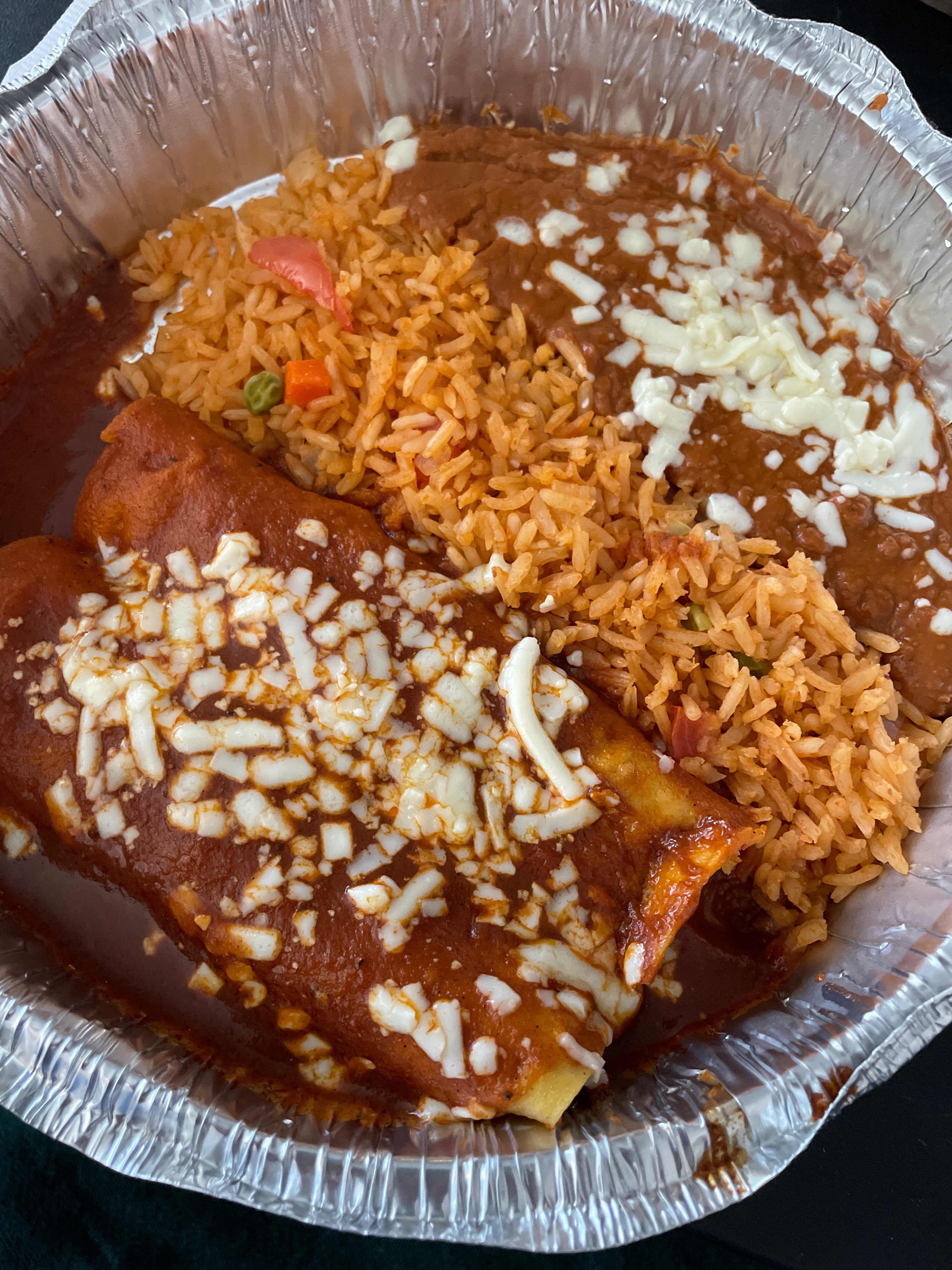 2 Enchiladas, 1 Taco, Refried Beans and Spanish Rice
