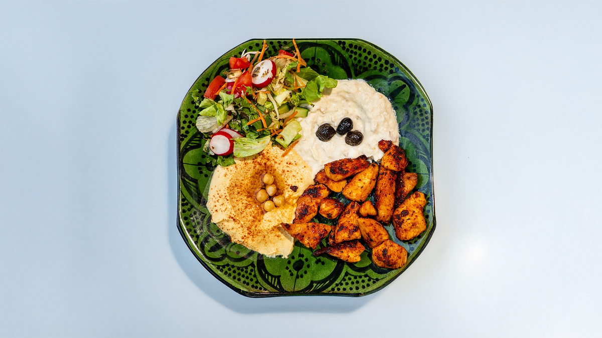 Plate, Kuřecí gyros - hummus -  1x omáčka - pita